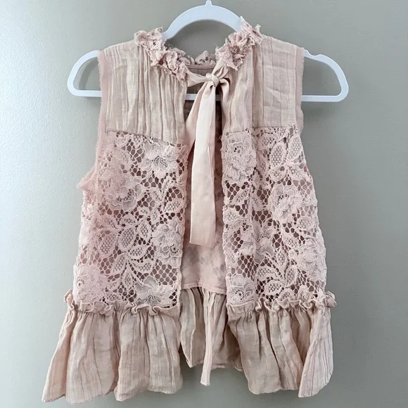 ALEXIS Pink Floral Lace Peplum Top XS Cottagecore Coquette Sleeveless Tie Back - Picture 2 of 9